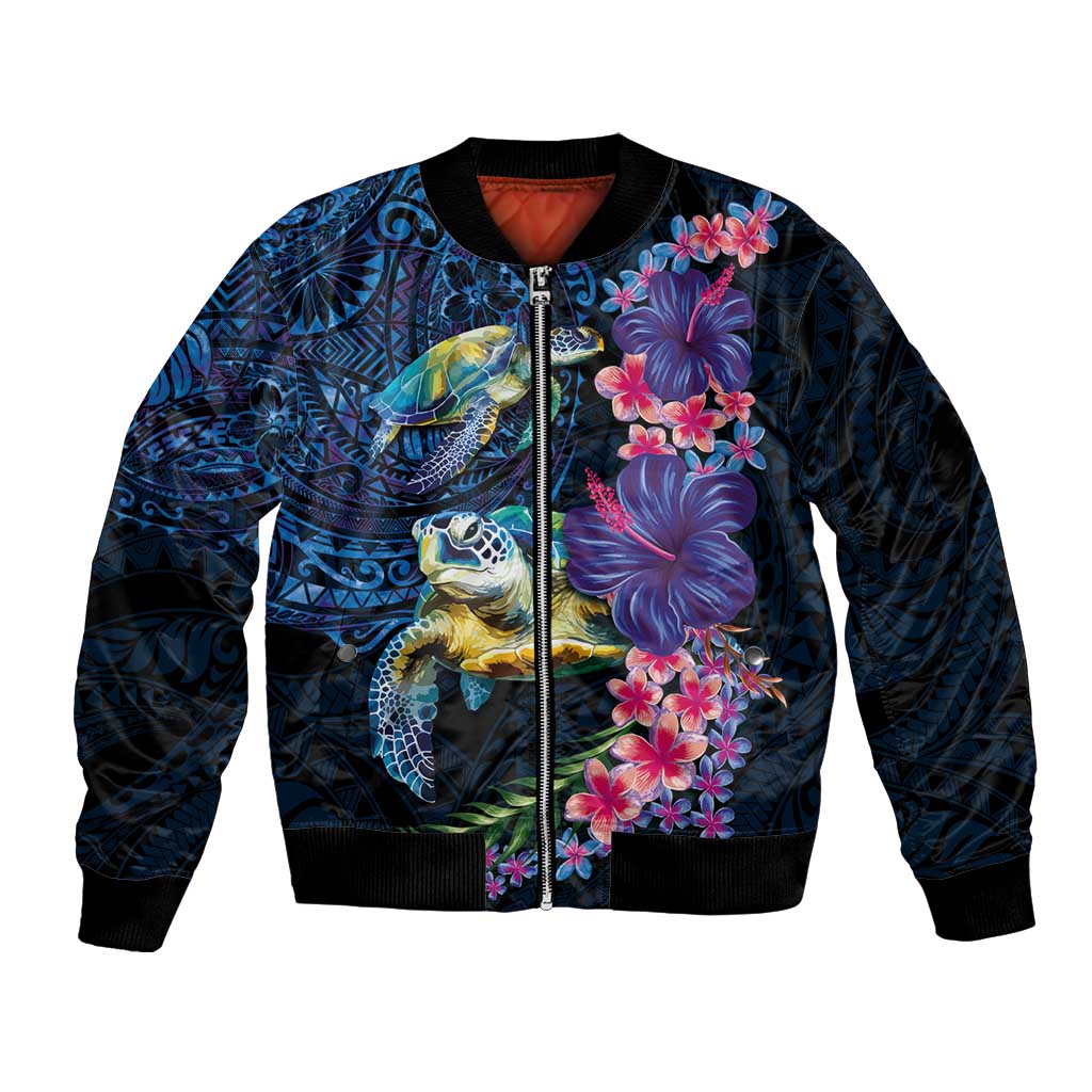 Hawaiian Plumeria and Hibiscus with Turtles Bomber Jacket Polynesian Art Dark Cyan Color LT03 Unisex Dark Cyan - Polynesian Pride