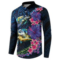 Hawaiian Plumeria and Hibiscus with Turtles Button Sweatshirt Polynesian Art Dark Cyan Color - Polynesian Pride