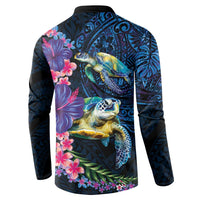 Hawaiian Plumeria and Hibiscus with Turtles Button Sweatshirt Polynesian Art Dark Cyan Color - Polynesian Pride