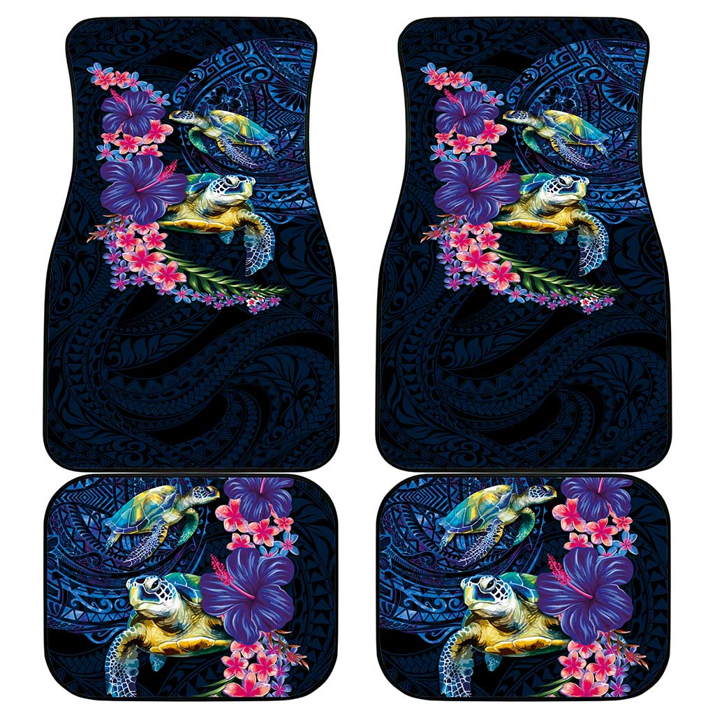 Hawaiian Plumeria and Hibiscus with Turtles Car Mats Polynesian Art Dark Cyan Color - Polynesian Pride