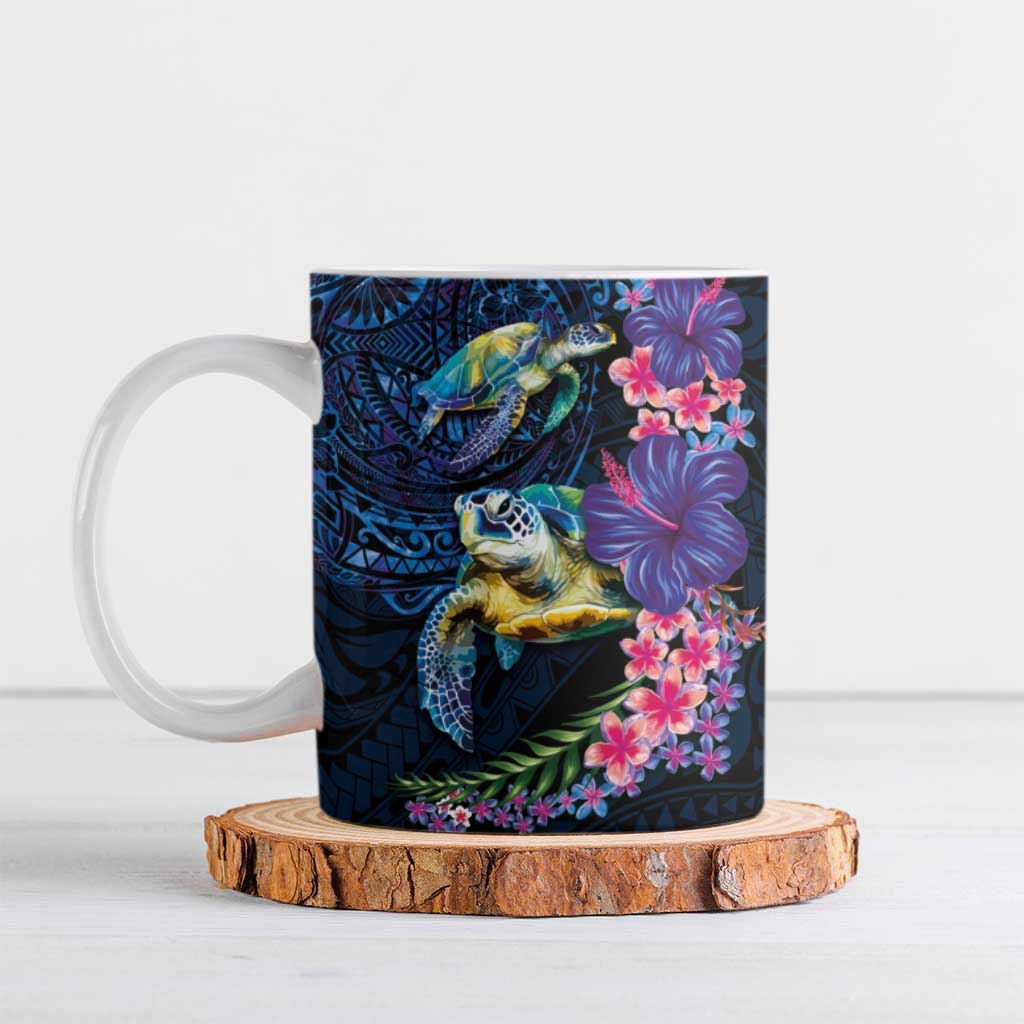 Hawaiian Plumeria and Hibiscus with Turtles Ceramic Mug Polynesian Art Dark Cyan Color LT03 Dark Cyan - Polynesian Pride