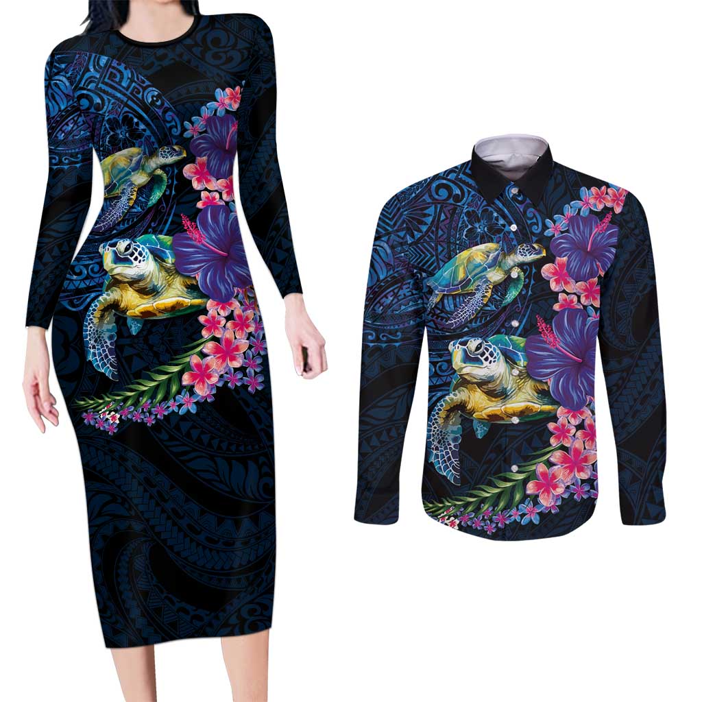 Hawaiian Plumeria and Hibiscus with Turtles Couples Matching Long Sleeve Bodycon Dress and Long Sleeve Button Shirt Polynesian Art Dark Cyan Color - Polynesian Pride