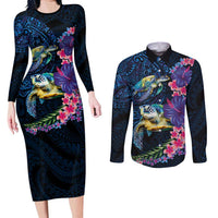 Hawaiian Plumeria and Hibiscus with Turtles Couples Matching Long Sleeve Bodycon Dress and Long Sleeve Button Shirt Polynesian Art Dark Cyan Color - Polynesian Pride