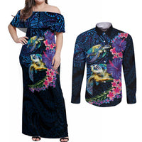 Hawaiian Plumeria and Hibiscus with Turtles Couples Matching Off Shoulder Maxi Dress and Long Sleeve Button Shirt Polynesian Art Dark Cyan Color - Polynesian Pride