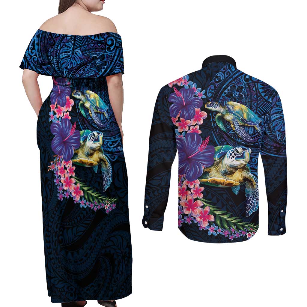Hawaiian Plumeria and Hibiscus with Turtles Couples Matching Off Shoulder Maxi Dress and Long Sleeve Button Shirt Polynesian Art Dark Cyan Color - Polynesian Pride