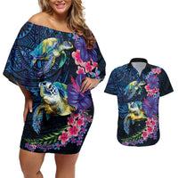 Hawaiian Plumeria and Hibiscus with Turtles Couples Matching Off Shoulder Short Dress and Hawaiian Shirt Polynesian Art Dark Cyan Color - Polynesian Pride