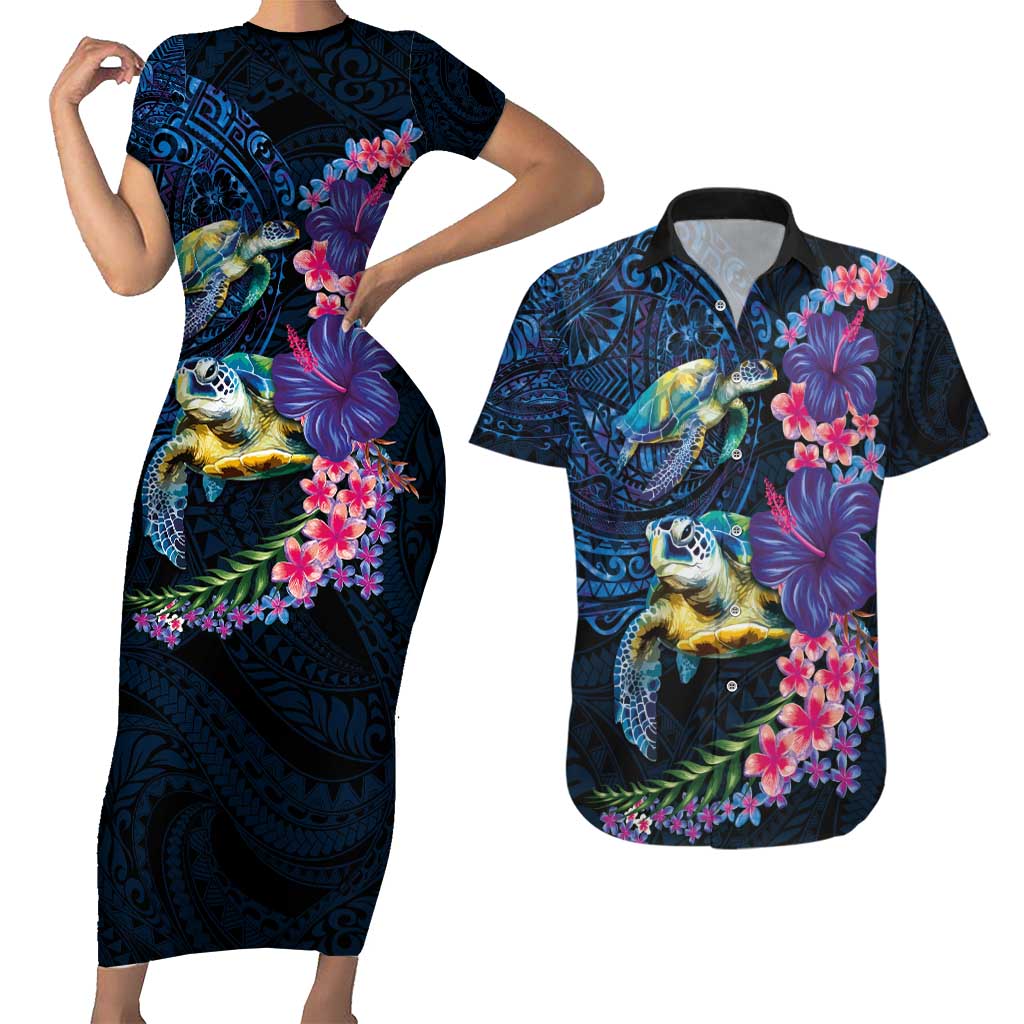 Hawaiian Plumeria and Hibiscus with Turtles Couples Matching Short Sleeve Bodycon Dress and Hawaiian Shirt Polynesian Art Dark Cyan Color - Polynesian Pride