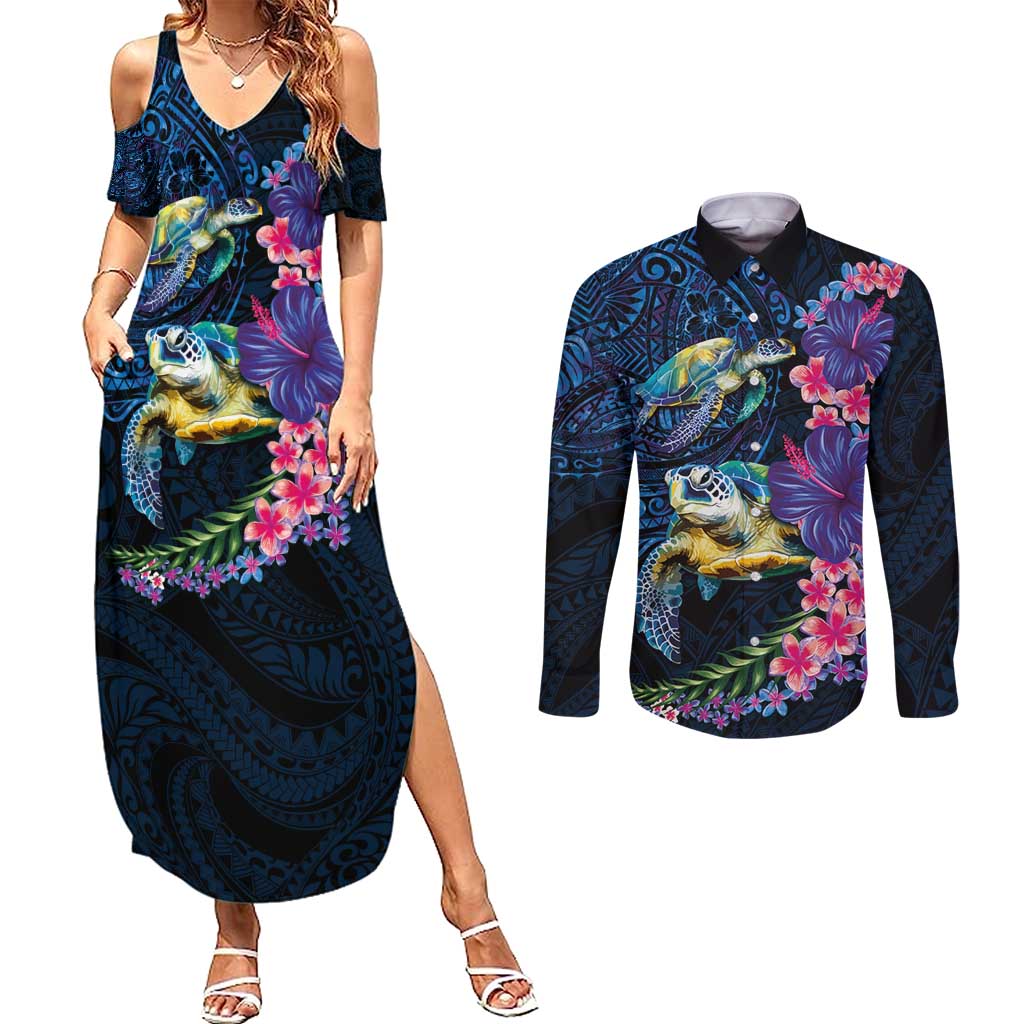 Hawaiian Plumeria and Hibiscus with Turtles Couples Matching Summer Maxi Dress and Long Sleeve Button Shirt Polynesian Art Dark Cyan Color - Polynesian Pride