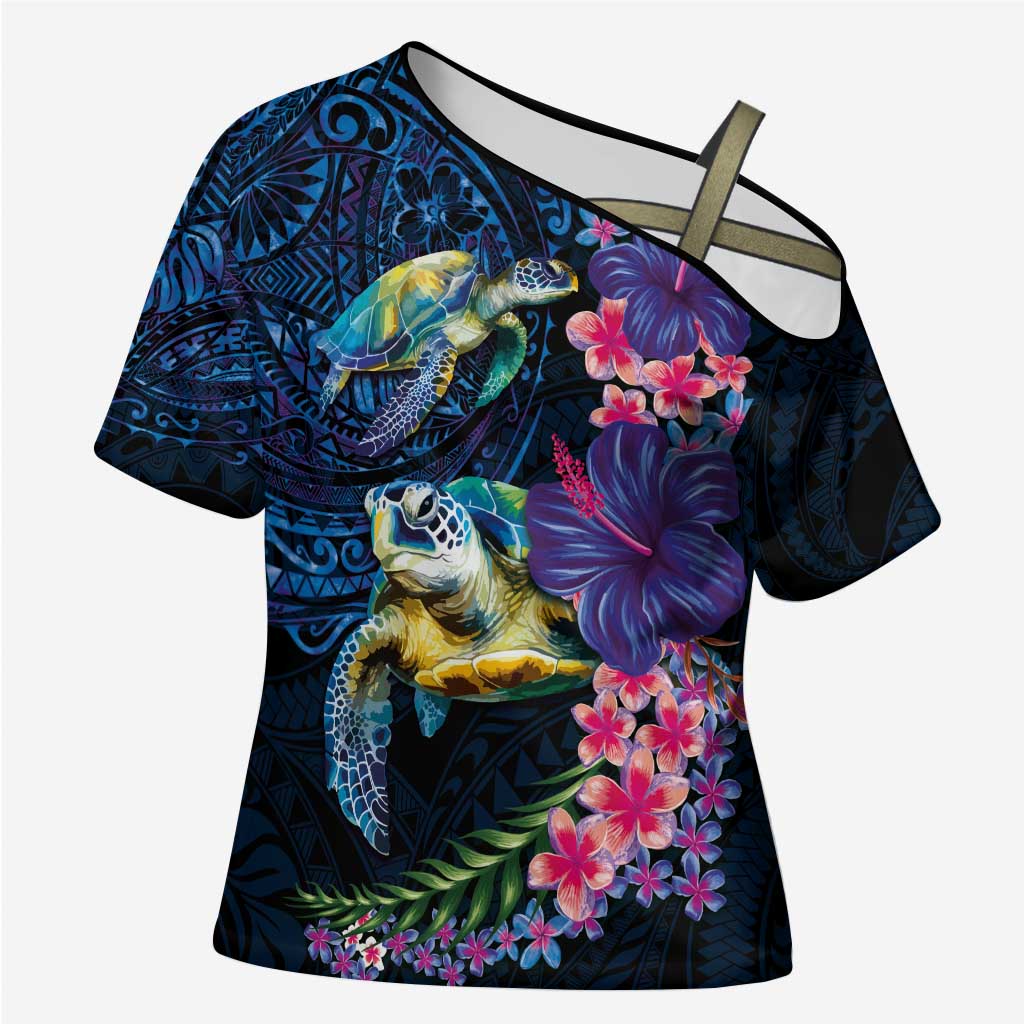 Hawaiian Plumeria and Hibiscus with Turtles Cross Shoulder Shirt Polynesian Art Dark Cyan Color - Polynesian Pride
