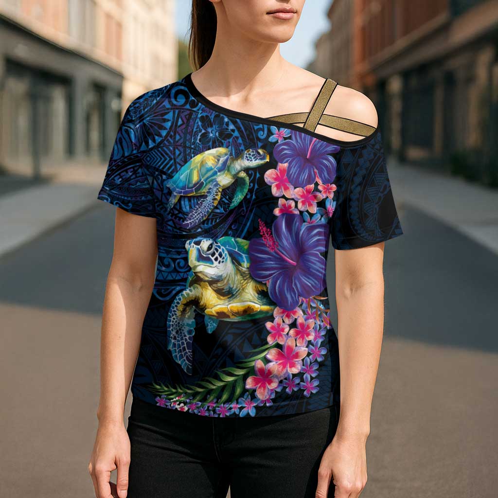 Hawaiian Plumeria and Hibiscus with Turtles Cross Shoulder Shirt Polynesian Art Dark Cyan Color - Polynesian Pride