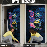 Hawaiian Plumeria and Hibiscus with Turtles Door Cover Polynesian Art Dark Cyan Color - Polynesian Pride