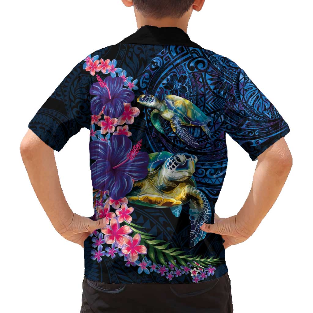 Hawaiian Plumeria and Hibiscus with Turtles Family Matching Off Shoulder Short Dress and Hawaiian Shirt Polynesian Art Dark Cyan Color - Polynesian Pride