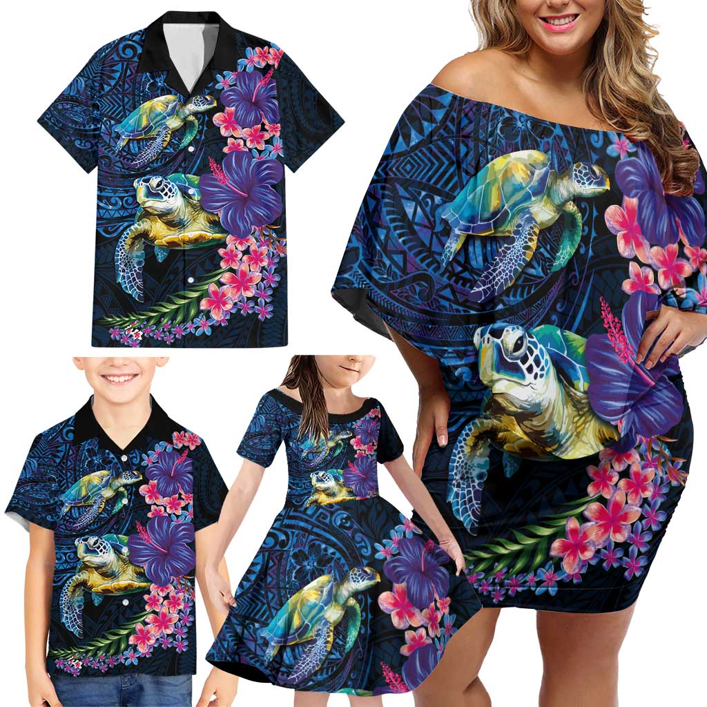 Hawaiian Plumeria and Hibiscus with Turtles Family Matching Off Shoulder Short Dress and Hawaiian Shirt Polynesian Art Dark Cyan Color - Polynesian Pride