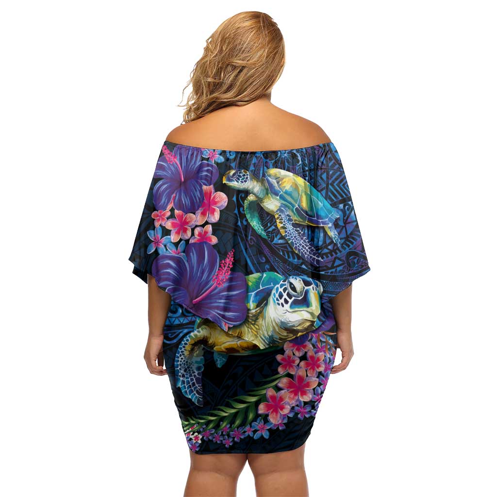 Hawaiian Plumeria and Hibiscus with Turtles Family Matching Off Shoulder Short Dress and Hawaiian Shirt Polynesian Art Dark Cyan Color - Polynesian Pride