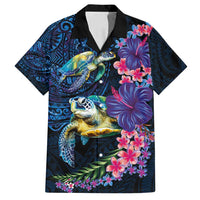 Hawaiian Plumeria and Hibiscus with Turtles Family Matching Puletasi and Hawaiian Shirt Polynesian Art Dark Cyan Color - Polynesian Pride