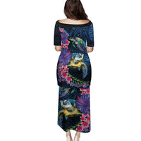 Hawaiian Plumeria and Hibiscus with Turtles Family Matching Puletasi and Hawaiian Shirt Polynesian Art Dark Cyan Color - Polynesian Pride