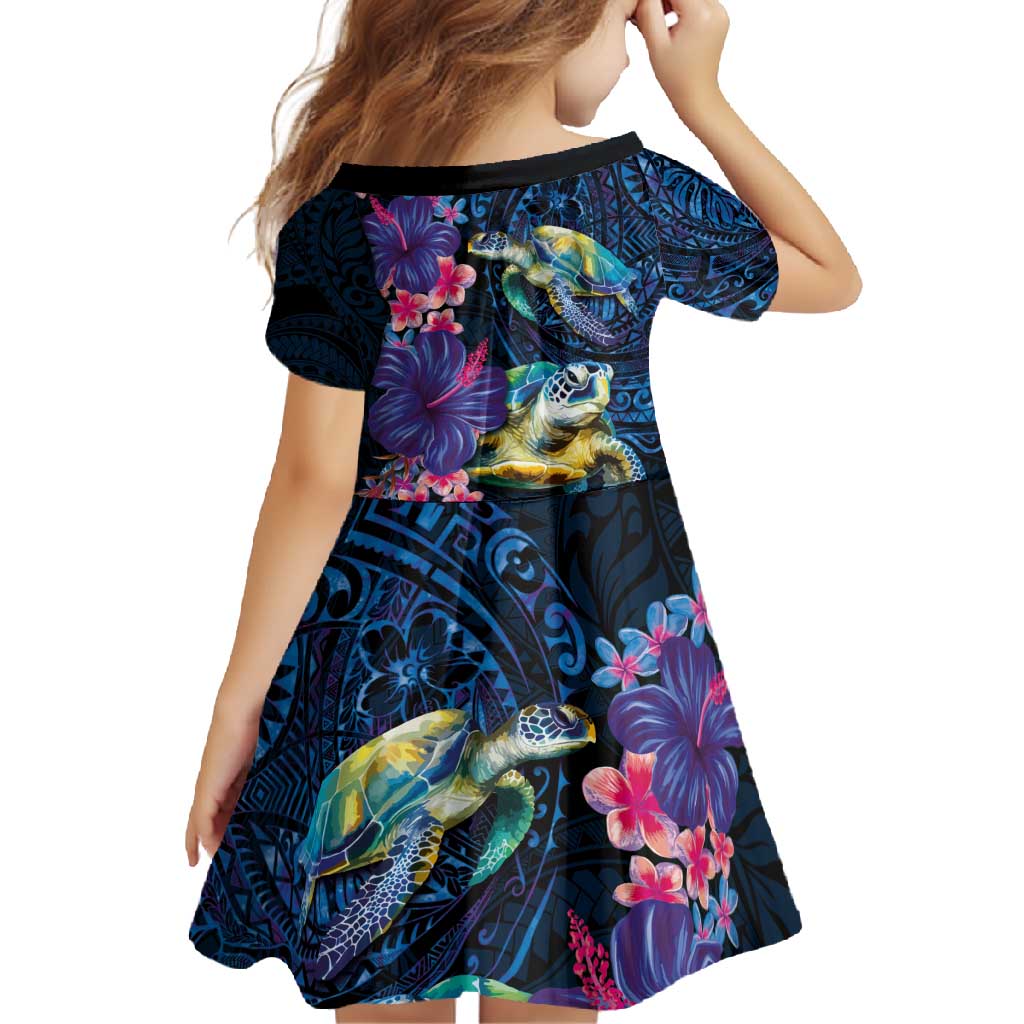 Hawaiian Plumeria and Hibiscus with Turtles Family Matching Short Sleeve Bodycon Dress and Hawaiian Shirt Polynesian Art Dark Cyan Color - Polynesian Pride