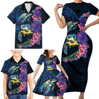 Hawaiian Plumeria and Hibiscus with Turtles Family Matching Short Sleeve Bodycon Dress and Hawaiian Shirt Polynesian Art Dark Cyan Color - Polynesian Pride