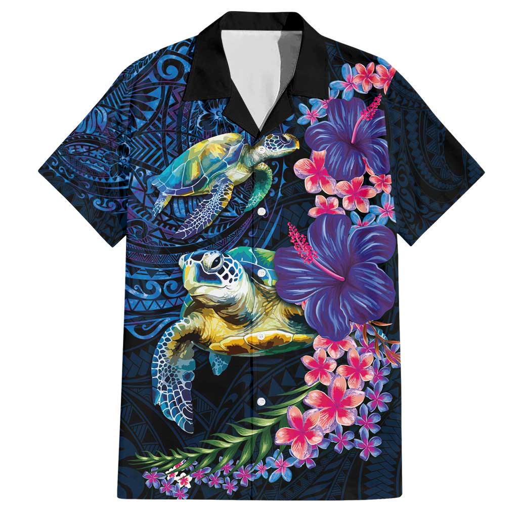 Hawaiian Plumeria and Hibiscus with Turtles Family Matching Short Sleeve Bodycon Dress and Hawaiian Shirt Polynesian Art Dark Cyan Color - Polynesian Pride