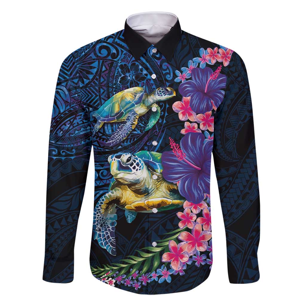 Hawaiian Plumeria and Hibiscus with Turtles Family Matching Short Sleeve Bodycon Dress and Hawaiian Shirt Polynesian Art Dark Cyan Color - Polynesian Pride