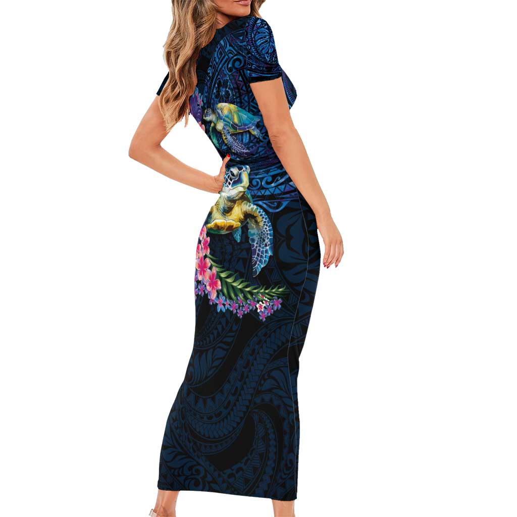 Hawaiian Plumeria and Hibiscus with Turtles Family Matching Short Sleeve Bodycon Dress and Hawaiian Shirt Polynesian Art Dark Cyan Color - Polynesian Pride