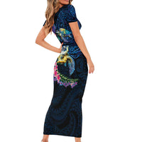 Hawaiian Plumeria and Hibiscus with Turtles Family Matching Short Sleeve Bodycon Dress and Hawaiian Shirt Polynesian Art Dark Cyan Color - Polynesian Pride