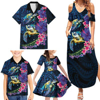 Hawaiian Plumeria and Hibiscus with Turtles Family Matching Summer Maxi Dress and Hawaiian Shirt Polynesian Art Dark Cyan Color - Polynesian Pride