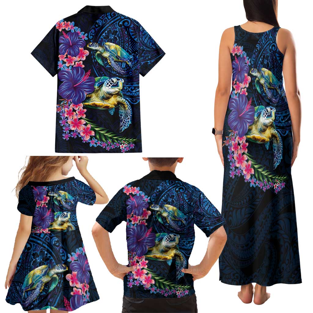 Hawaiian Plumeria and Hibiscus with Turtles Family Matching Tank Maxi Dress and Hawaiian Shirt Polynesian Art Dark Cyan Color - Polynesian Pride