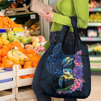 Hawaiian Plumeria and Hibiscus with Turtles Grocery Bag Polynesian Art Dark Cyan Color - Polynesian Pride