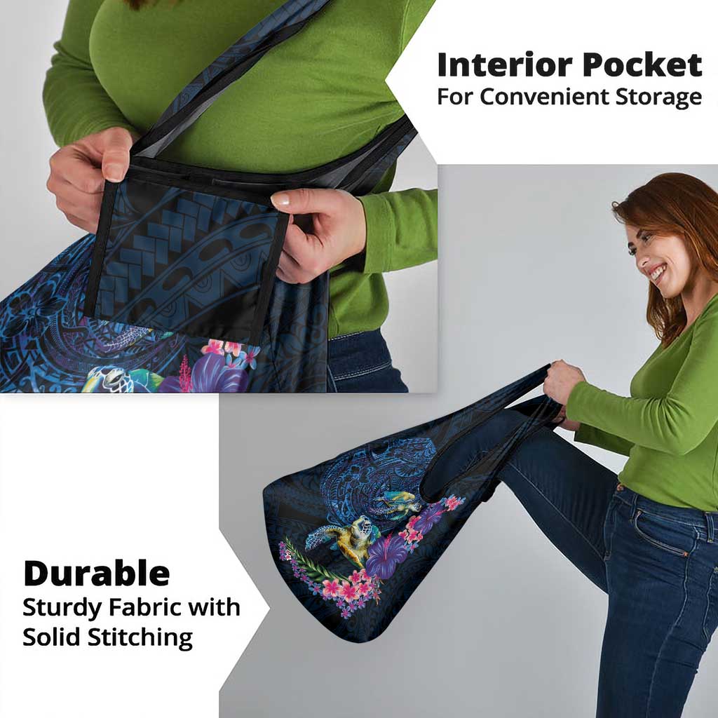 Hawaiian Plumeria and Hibiscus with Turtles Grocery Bag Polynesian Art Dark Cyan Color - Polynesian Pride