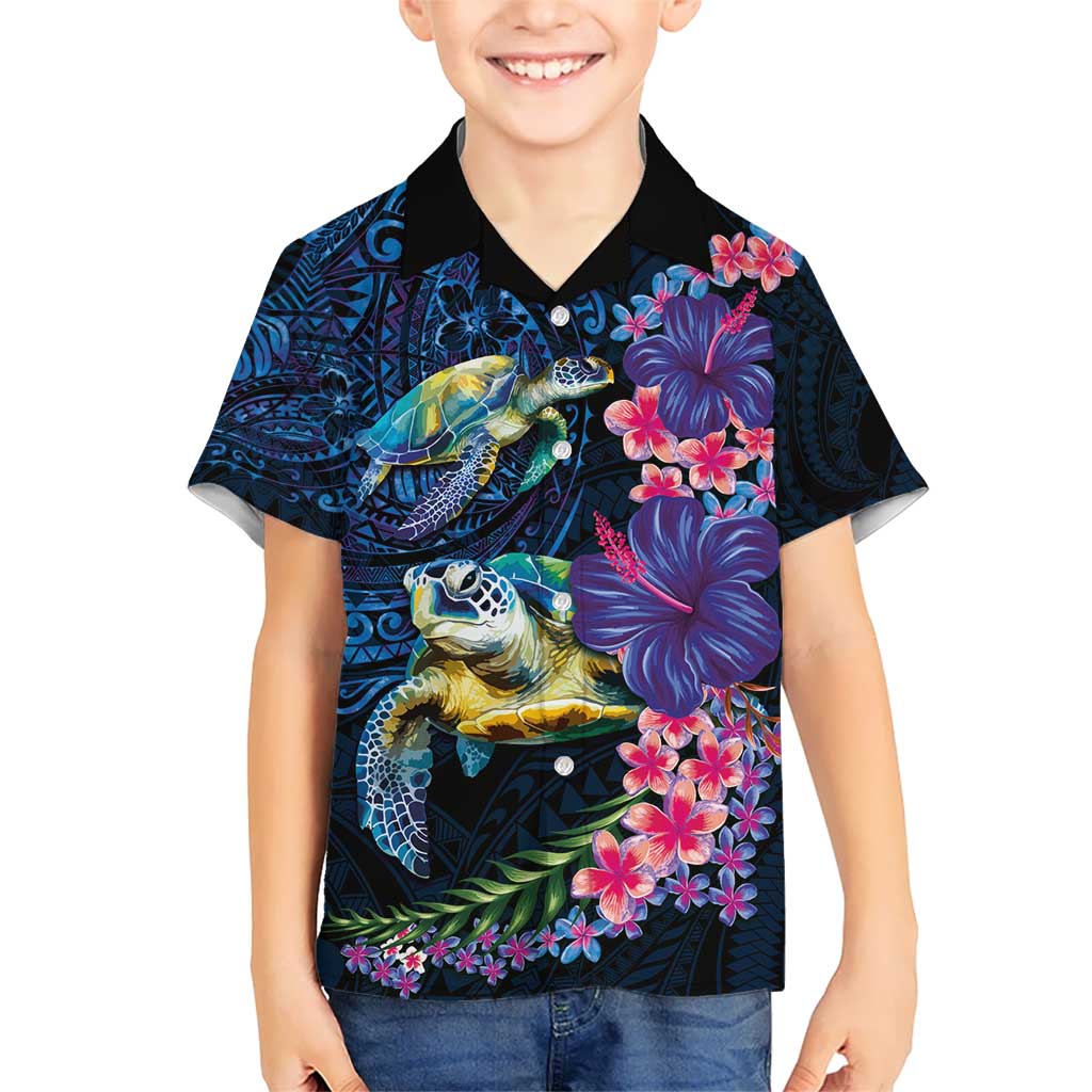 Hawaiian Plumeria and Hibiscus with Turtles Hawaiian Shirt Polynesian Art Dark Cyan Color - Polynesian Pride