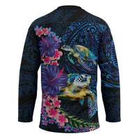 Hawaiian Plumeria and Hibiscus with Turtles Hockey Jersey Polynesian Art Dark Cyan Color - Polynesian Pride