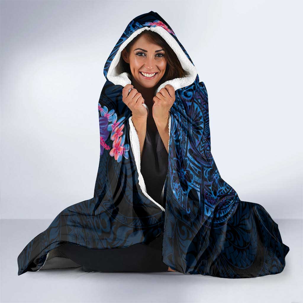 Hawaiian Plumeria and Hibiscus with Turtles Hooded Blanket Polynesian Art Dark Cyan Color - Polynesian Pride