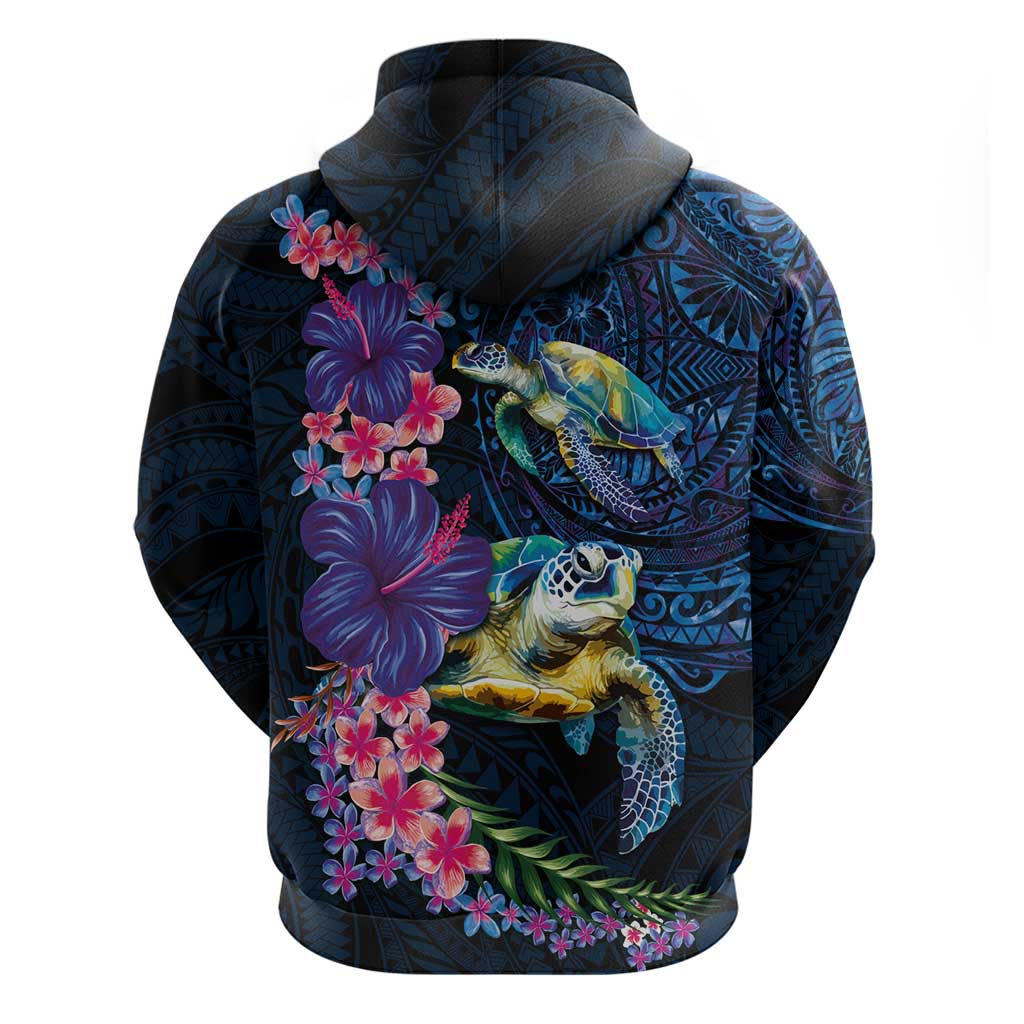 Hawaiian Plumeria and Hibiscus with Turtles Hoodie Polynesian Art Dark Cyan Color - Polynesian Pride