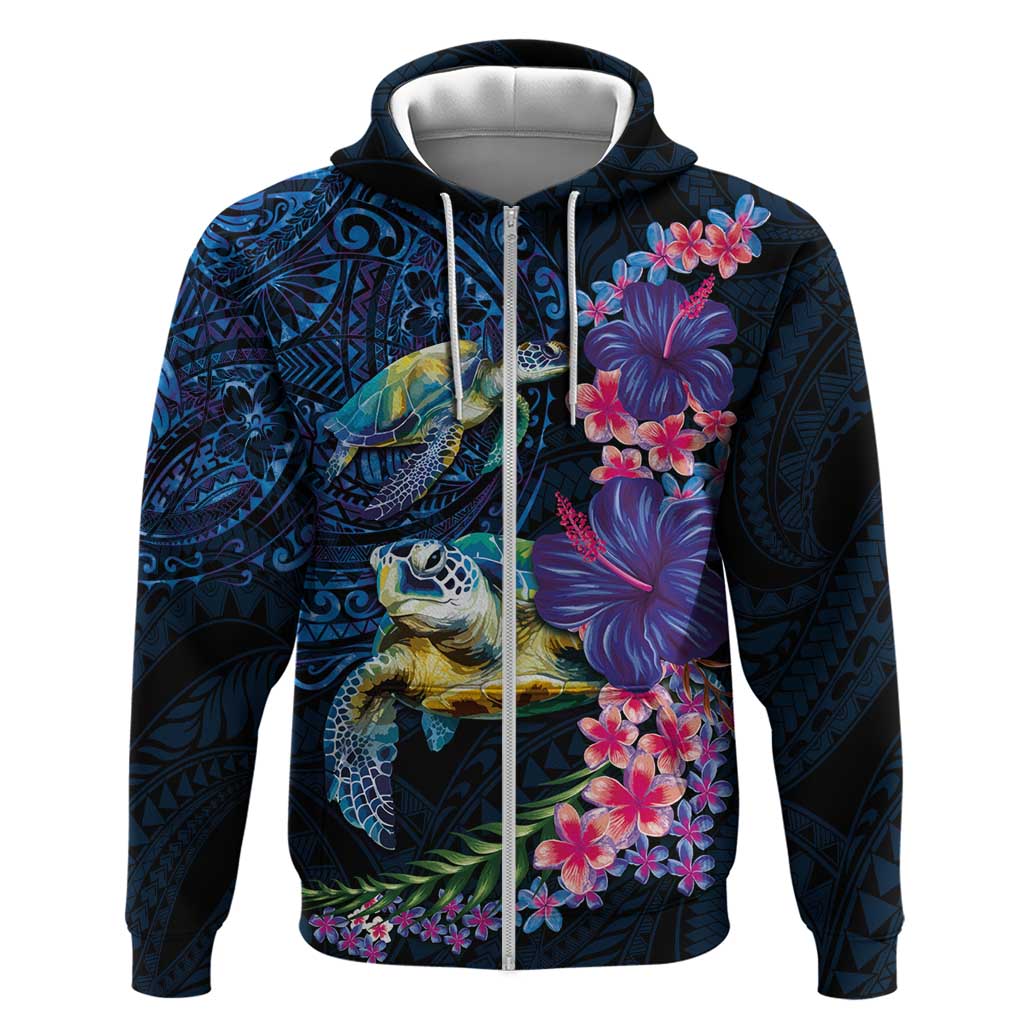 Hawaiian Plumeria and Hibiscus with Turtles Hoodie Polynesian Art Dark Cyan Color - Polynesian Pride