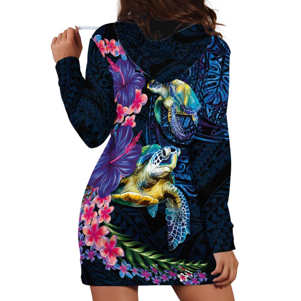 Hawaiian Plumeria and Hibiscus with Turtles Hoodie Dress Polynesian Art Dark Cyan Color - Polynesian Pride