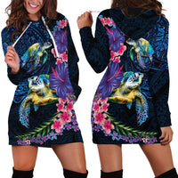 Hawaiian Plumeria and Hibiscus with Turtles Hoodie Dress Polynesian Art Dark Cyan Color - Polynesian Pride