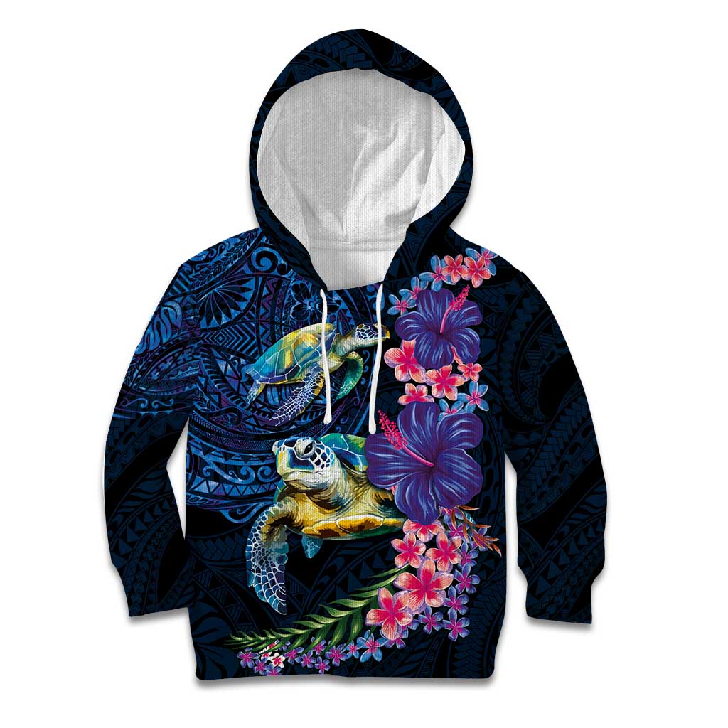 Hawaiian Plumeria and Hibiscus with Turtles Kid Hoodie Polynesian Art Dark Cyan Color - Polynesian Pride