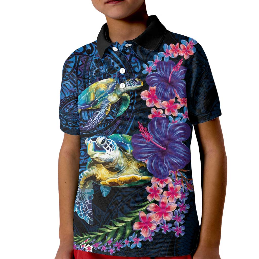 Hawaiian Plumeria and Hibiscus with Turtles Kid Polo Shirt Polynesian Art Dark Cyan Color - Polynesian Pride
