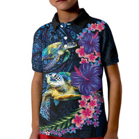Hawaiian Plumeria and Hibiscus with Turtles Kid Polo Shirt Polynesian Art Dark Cyan Color - Polynesian Pride
