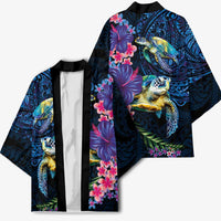 Hawaiian Plumeria and Hibiscus with Turtles Kimono Polynesian Art Dark Cyan Color - Polynesian Pride