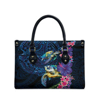 Hawaiian Plumeria and Hibiscus with Turtles Leather Bag Polynesian Art Dark Cyan Color - Polynesian Pride