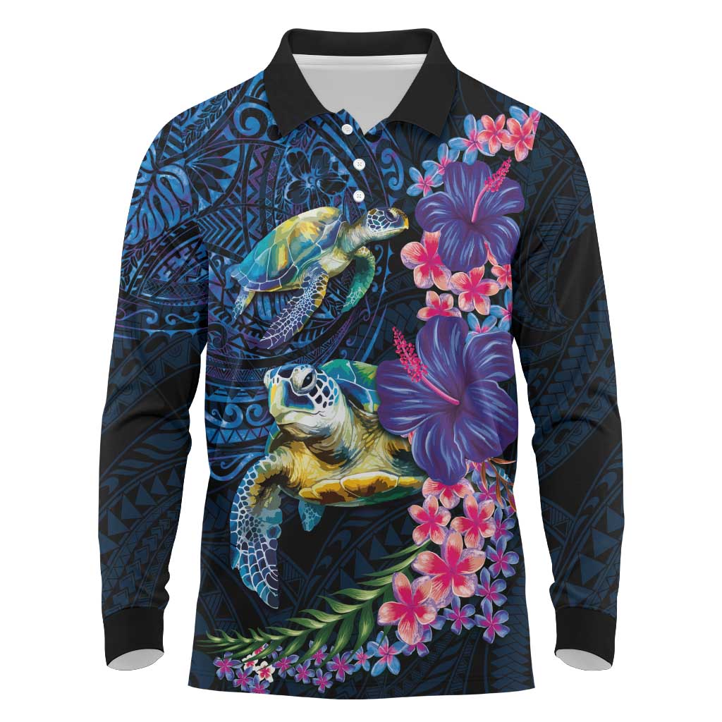 Hawaiian Plumeria and Hibiscus with Turtles Long Sleeve Polo Shirt Polynesian Art Dark Cyan Color - Polynesian Pride