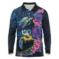 Hawaiian Plumeria and Hibiscus with Turtles Long Sleeve Polo Shirt Polynesian Art Dark Cyan Color - Polynesian Pride