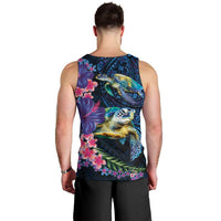 Hawaiian Plumeria and Hibiscus with Turtles Men Tank Top Polynesian Art Dark Cyan Color - Polynesian Pride