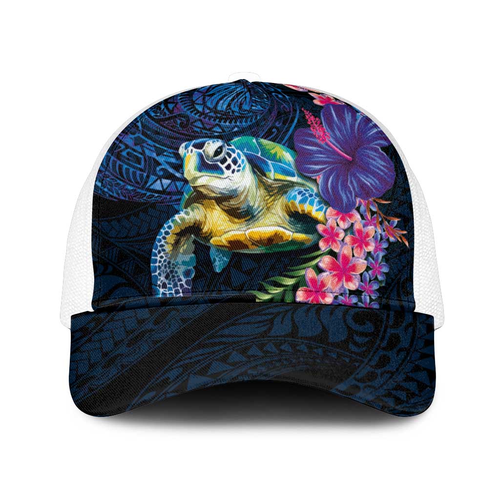 Hawaiian Plumeria and Hibiscus with Turtles Mesh Trucker Cap Polynesian Art Dark Cyan Color - Polynesian Pride