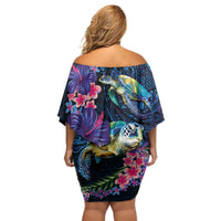 Hawaiian Plumeria and Hibiscus with Turtles Off Shoulder Short Dress Polynesian Art Dark Cyan Color - Polynesian Pride