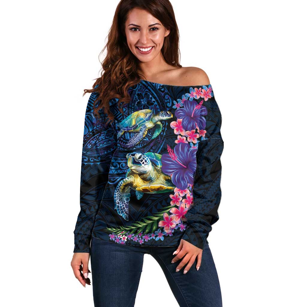 Hawaiian Plumeria and Hibiscus with Turtles Off Shoulder Sweater Polynesian Art Dark Cyan Color - Polynesian Pride