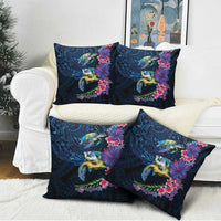 Hawaiian Plumeria and Hibiscus with Turtles Pillow Cover Polynesian Art Dark Cyan Color - Polynesian Pride