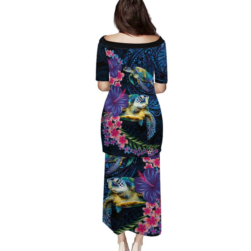 Hawaiian Plumeria and Hibiscus with Turtles Puletasi Polynesian Art Dark Cyan Color - Polynesian Pride